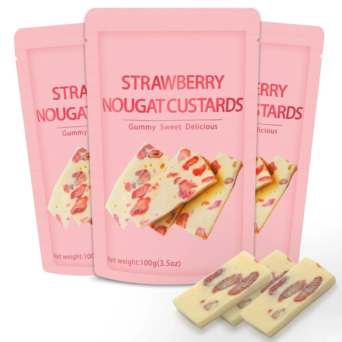 Strawberry Nougat Custards – Soft, Chewy & Bursting with Berry Bliss | 3 Bags OUESTTECH