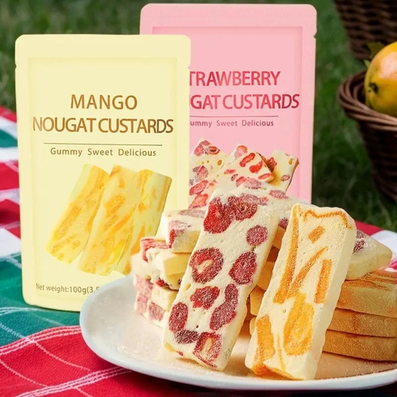 Mango & Strawberry Nougat Custards – Fruity Chewy Korean Candy Set